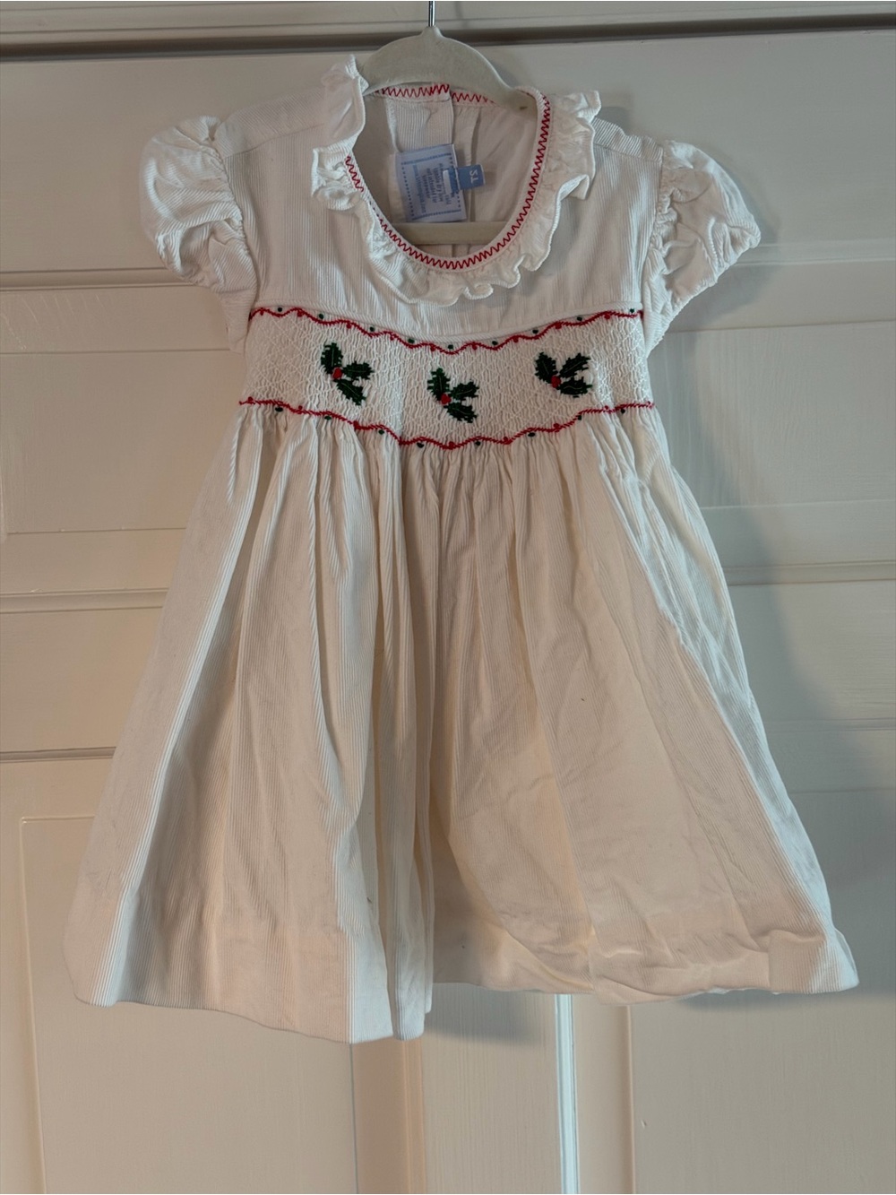 Little English White Smocked Girls Dress with Green Floral Embroidery